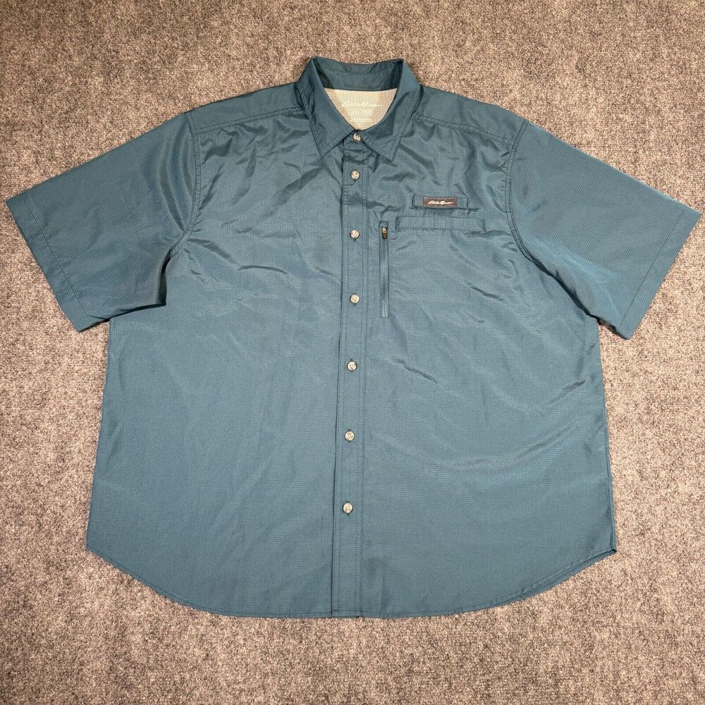 Eddie Bauer Fishing Shirt Mens XXL Blue Tech Woven Zip Pocket Hiking